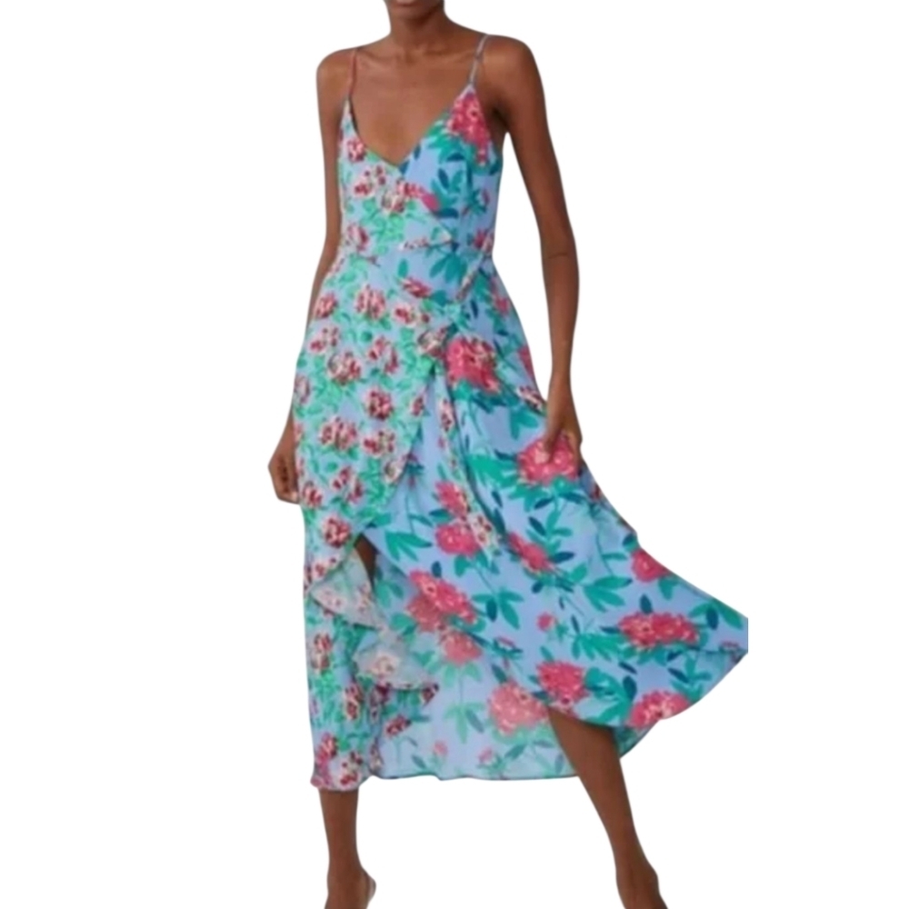 Zara Blue Floral Midi Length Wrap Dress Size Medium